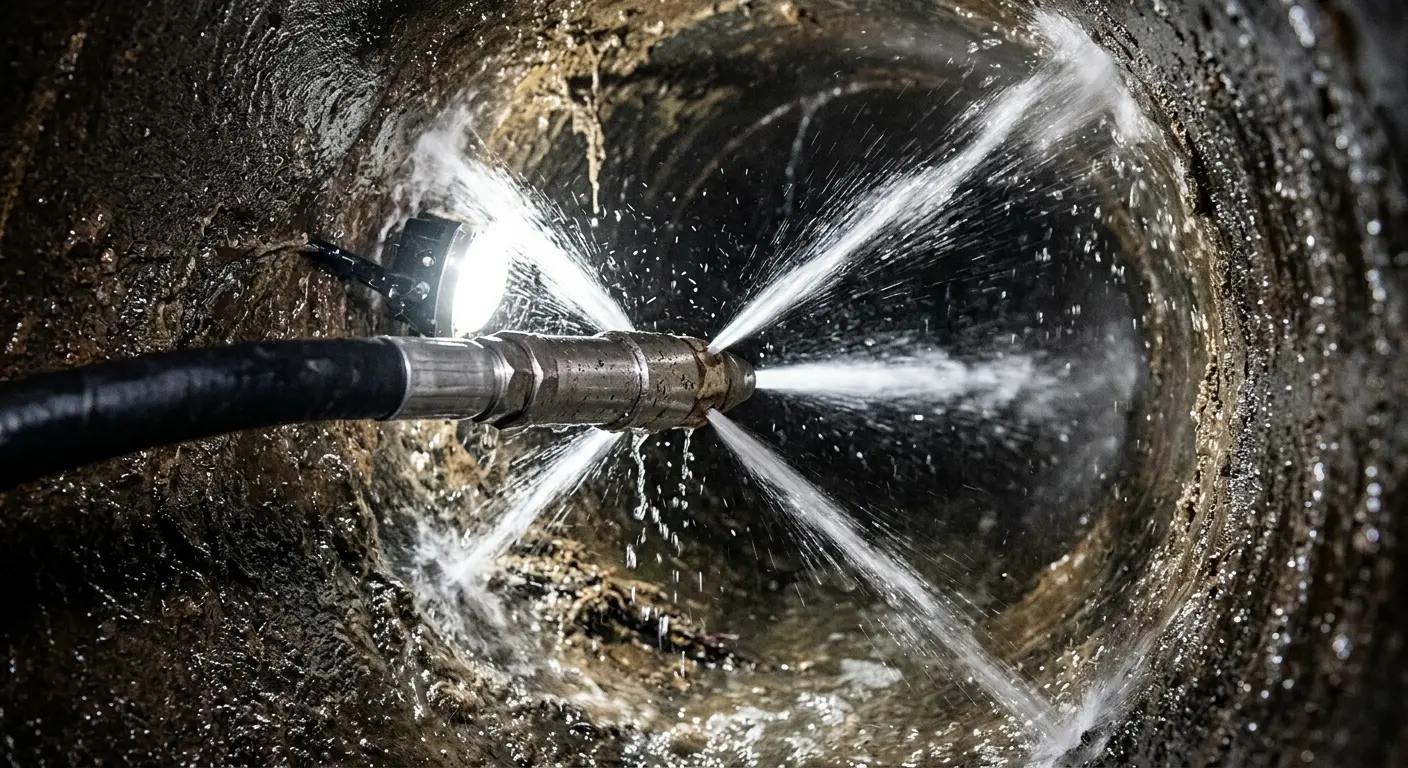 High-pressure hydro jetting nozzle cleaning sewer pipe for Trenchless Sewer Repair in Roseville