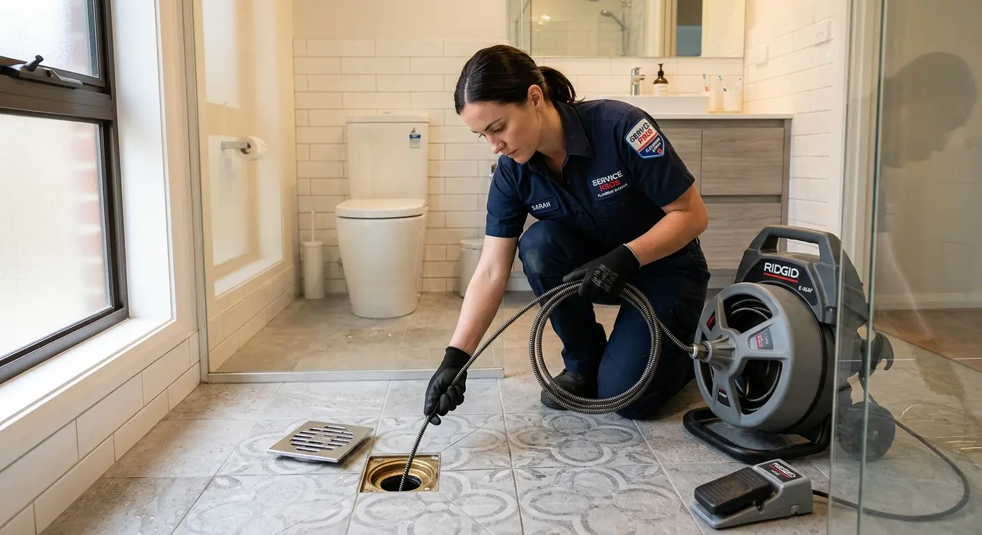 Technician clearing a bathroom floor drain for Drain Repair in Roseville